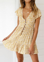 Floral Deep V-Neck Mini Dress without Necklace - Yellow