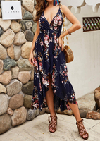Floral Deep V-Neck Spaghetti Strap Maxi Dress - Navy Blue