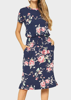 Floral Drawstring Pocket Casual Dress without Necklace - Deep Blue