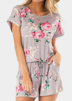 Floral Drawstring Pocket Romper without Necklace - Gray