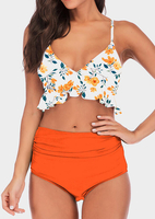 Floral High Waist Backless Bikini Set - Multicolor