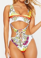 Floral Lace Up One-Piece Swimsuit without Necklace