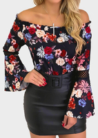 Floral Off Shoulder Blouse without Necklace - Black