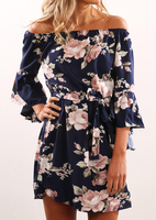 Floral Off Shoulder Flare Sleeve Mini Dress with Belt