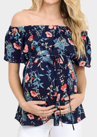 Floral Off Shoulder Tie Maternity Blouse - Navy Blue