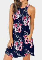 Floral Pocket Sleeveless Mini Dress without Necklace