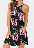 Floral Pocket Sleeveless Mini Dress without Necklace