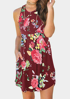 Floral Pocket Sleeveless Mini Dress without Necklace