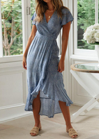 Floral Printed Ruffled Irregular Casual Dress without Necklace - Light