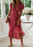 Floral Printed Ruffled Irregular Casual Dress without Necklace - Red