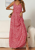 Floral Printed Spaghetti Strap Maxi Dress without Necklace - Red