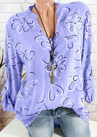 Floral Printed V-Neck Blouse without Necklace - Purple