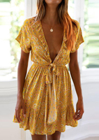 Floral Ruffled Deep V-Neck Mini Dress without Necklace - Yellow