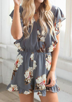Floral Ruffled V-Neck Romper without Necklace - Gray
