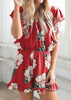 Floral Ruffled V-Neck Romper without Necklace - Red