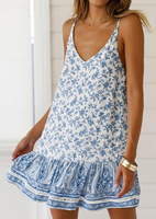 Floral Spaghetti Straps Ruffled Mini Dress without Necklace -White