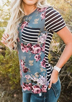 Floral Striped Pocket T-Shirt Tee without Necklace
