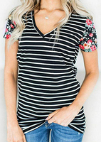 Floral Striped Splicing V-Neck T-Shirt Tee - Stripe