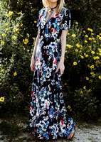 Floral V-Neck Short Sleeve Maxi Dress without Necklace