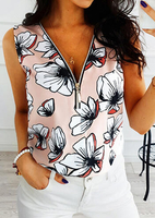 Floral Zipper V-Neck Tank without Necklace - Apricot