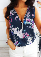 Floral Zipper V-Neck Tank without Necklace - Navy Blue