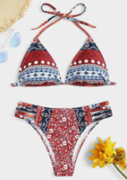 Geometric Printed Halter Hollow Out Bikini Set - Red