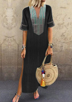 Geometric Printed Side Slit V-Neck Maxi Dress - Black