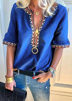Geometric Printed V-Neck Blouse without Necklace - Royal Blue