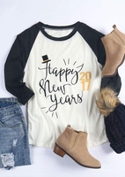 Happy New Years 2017 Printed Splicing O-Neck T-Shirt