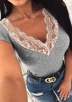 Lace Splicing Deep V-Neck Blouse without Necklace - Gray