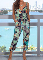 Leaf Pocket V-Neck Jumpsuit without Necklace - Multicolor