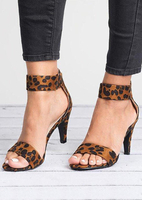 Leopard Printed Ankle Strap Heeled Sandals - Leopard
