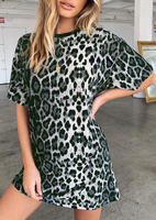 Leopard Printed O-Neck Mini Dress without Necklace - Leopard