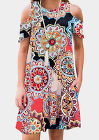 Mandala Cold Shoulder Mini Dress without Necklace - Multicolor