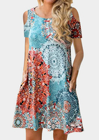 Mandala Printed Cold Shoulder Casual Dress - Multicolor