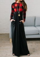 Plaid Pocket Long Sleeve Maxi Dress without Necklace