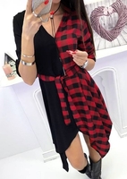Plaid Splicing Deep V-Neck Casual Dress without Necklace