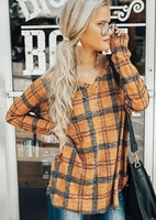 Plaid V-Neck Long Sleeve Casual T-Shirt Tee without Necklace