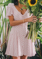 Polka Dot Button Casual Dress without Necklace - White