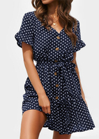 Polka Dot Button Mini Dress without Necklace - Navy Blue