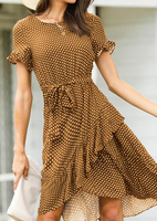 Polka Dot Irregular Mini Dress without Necklace - Brown