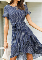 Polka Dot Irregular Mini Dress without Necklace - Navy Blue