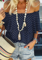 Polka Dot Off Shoulder Blouse without Necklace - Navy Blue