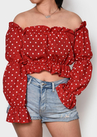 Polka Dot Off Shoulder Blouse without Necklace - Red