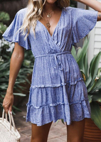 Printed Drawstring V-Neck Mini Dress without Necklace - LightBlue