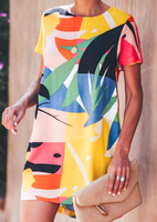 Printed O-Neck Mini Dress without Necklace - Multicolor