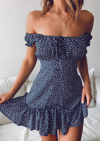 Printed Ruffled Off Shoulder Mini Dress without Necklace - Blue
