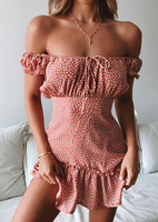 Printed Ruffled Off Shoulder Mini Dress without Necklace - Pink