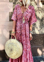 Printed Ruffled V-Neck Casual Dress without Necklace - Light Purple