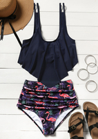 Ruffled Flamingo High Waist Bikini Set - Navy Blue